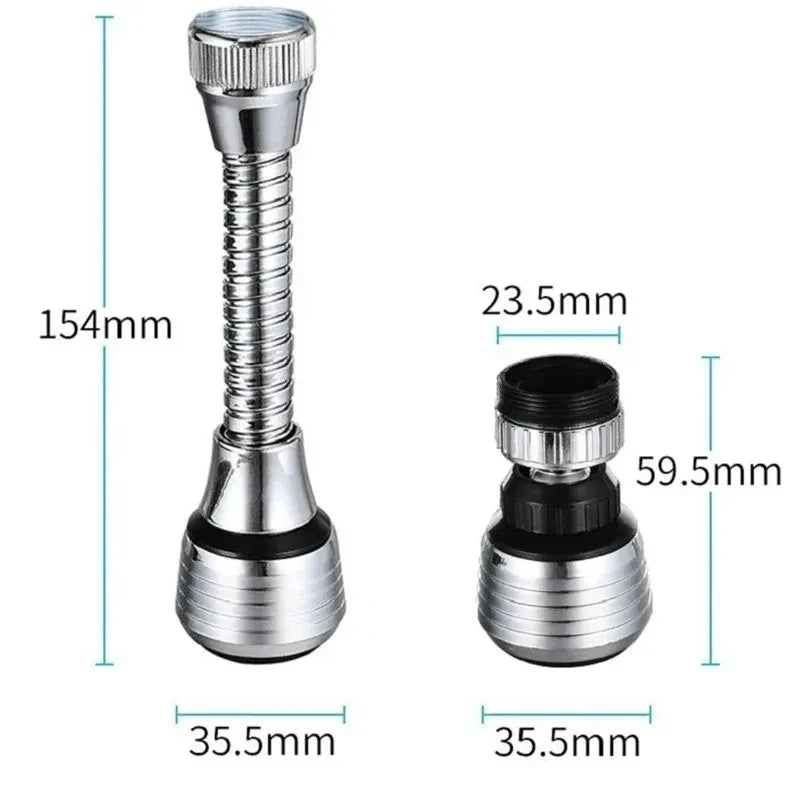 A silver kitchen faucet with a rotating head and various sizes shown in a vertical view.