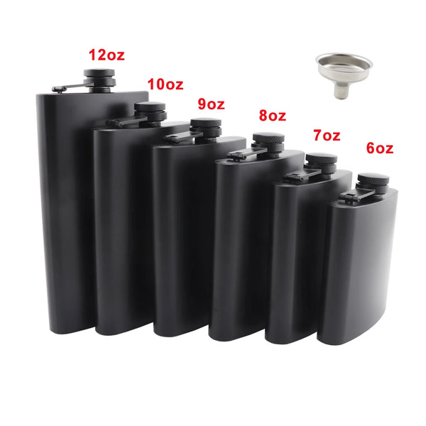 Set schwarze, dichtende Edelstahl-Fläschchen mit verschiedenen Kapazitäten von 6 bis 12 Unzen.