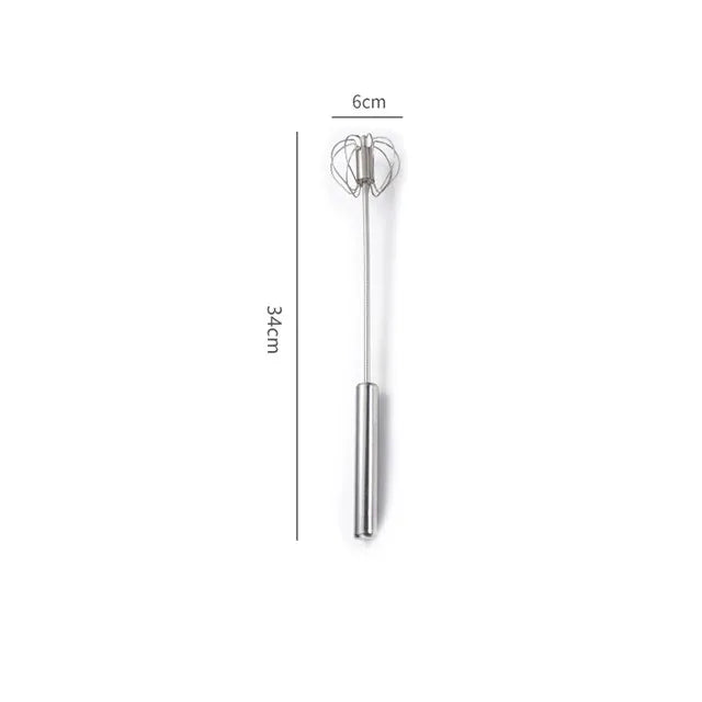 Stainless steel semi-automatic egg beater with a 6cm head and a 34cm shaft.