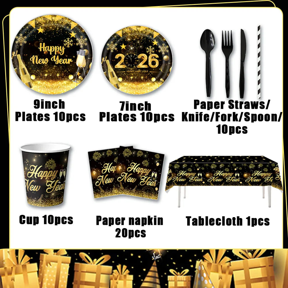 A collection of luxury disposable party tableware including plates, straws, cutlery, cups, napkins, and a tablecloth for a Ne