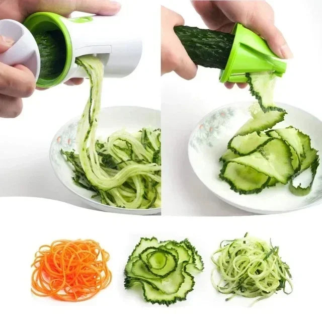 A collection of fresh vegetables like zucchini and carrots cut into noodles shown next to a heavy duty vegetable spiralizer.
