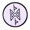 A round enamel pin featuring a stylized geometric design in black on a white background.