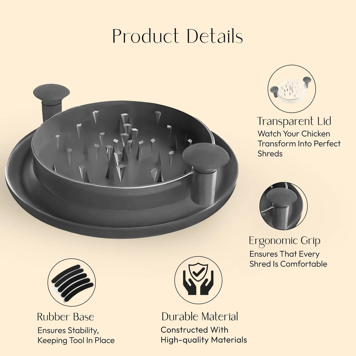 A manual rotating meat shredder shown with details about its transparent lid, ergonomic grip, rubber base, and durable materi