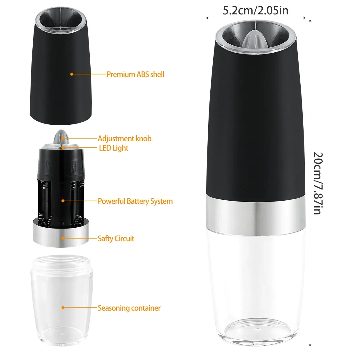 A black electric automatic spice and salt grinder with a clear container and silver base.