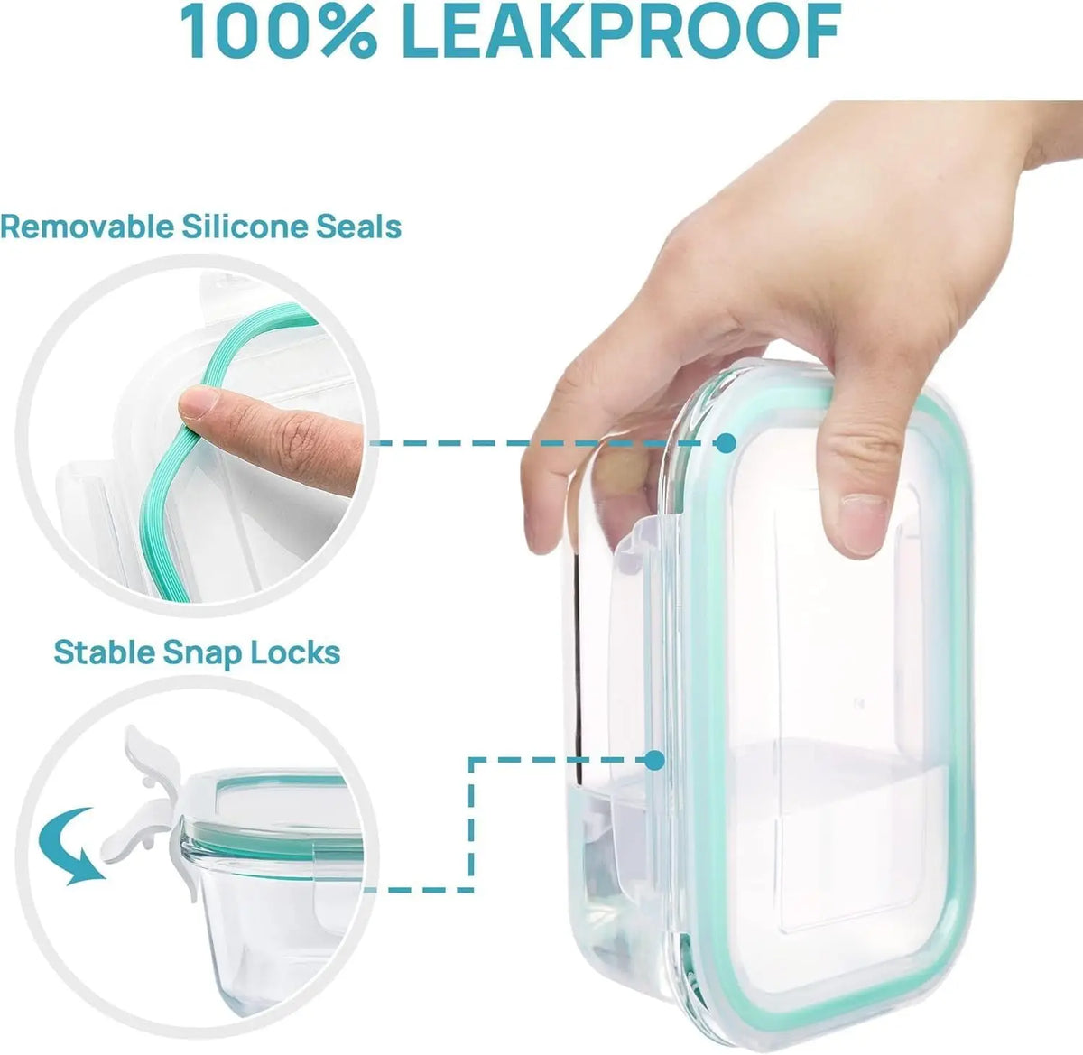 Hand holding a clear glass meal prep container with silicone seals and snap locks.
