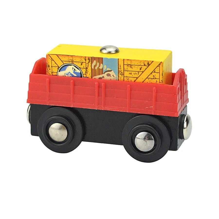 A yellow wooden magnetic train car set with a red box and black wheels.