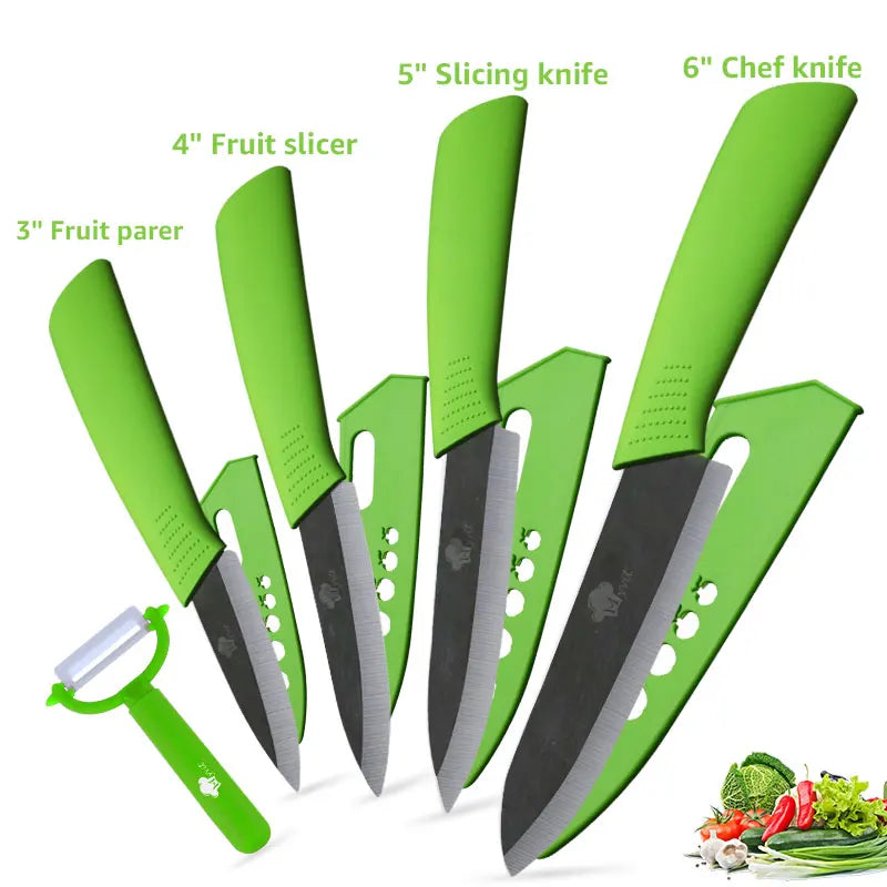 A set of three green ceramic knives, including a 3-inch fruit parer, a 4-inch fruit slicer, and a 5-inch slicing knife, displ