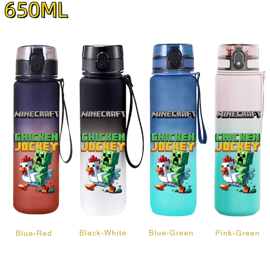 Five colored insulated sports water bottles featuring a Minecraft chicken jockey design.
