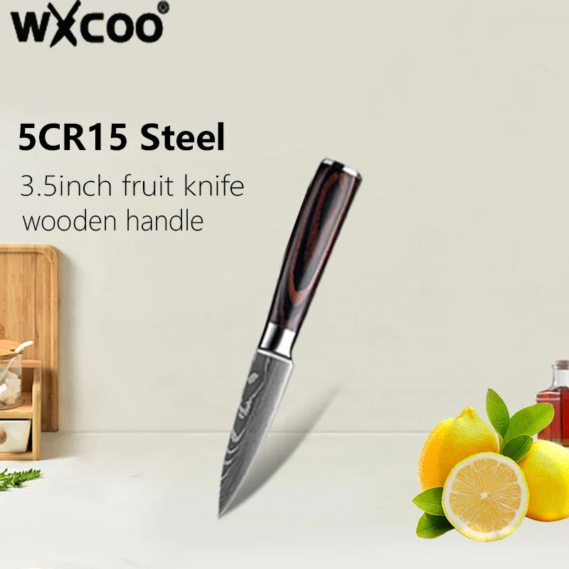 A 5CR15 steel fruit knife with a wooden handle is shown next to a lemon and lime.