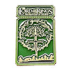 A green enamel pin featuring the Lord of the Rings logo and a stylized tree design.