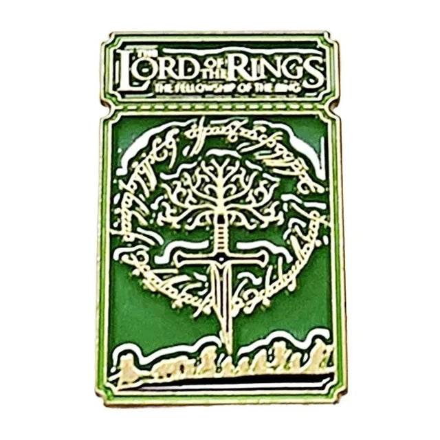 A green enamel pin featuring the Lord of the Rings logo and a stylized tree design.
