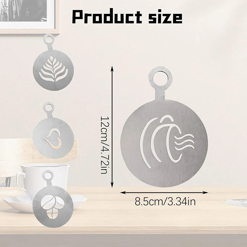 A set of stainless steel baking and barista art stencils showing various designs on a light wooden surface.