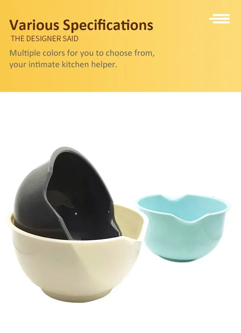 A set of multi-sized plastic salad bowls in various colors, including black and light blue.