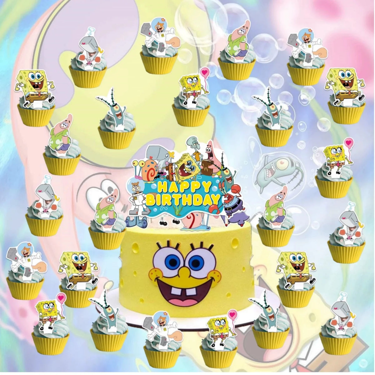A colorful disposable party set featuring SpongeBob characters in cupcake liners and a large birthday cake.
