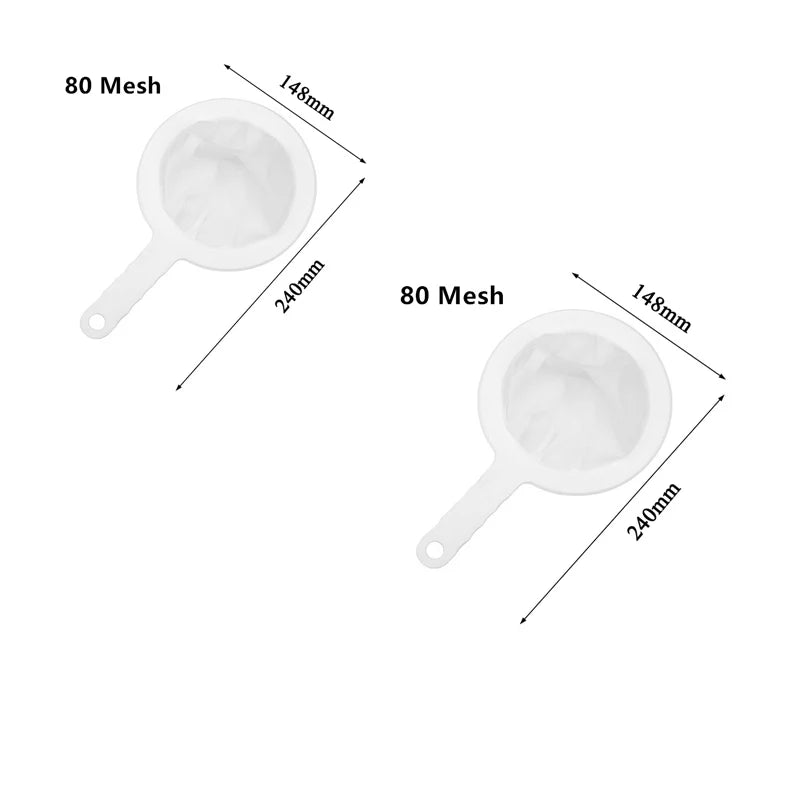 A white multi-mesh fine strainer shown with dimensions of 148mm and 240mm.