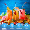 A set of reusable metal drinking straws in various colors are shown in glasses with fruit and ice.