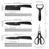 A set of three black steel kitchen knives with stainless steel blades shown alongside a ruler for scale.