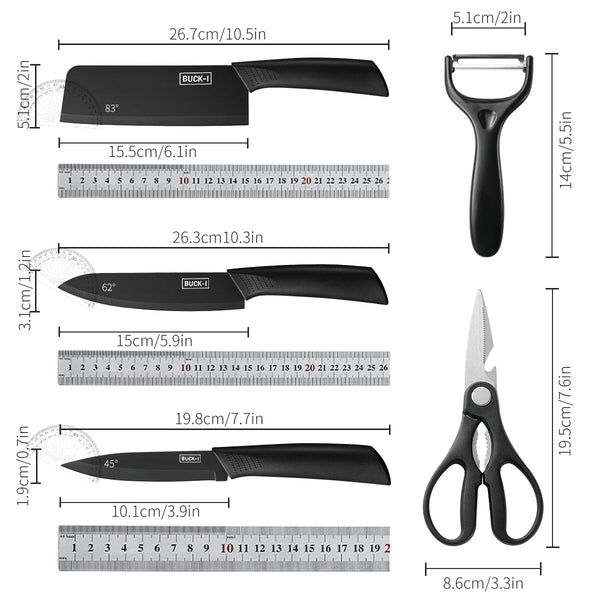 A set of three black steel kitchen knives with stainless steel blades shown alongside a ruler for scale.