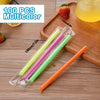 A set of 100 multicolor reusable plastic drinking straws in various colors laid out on a wooden board.