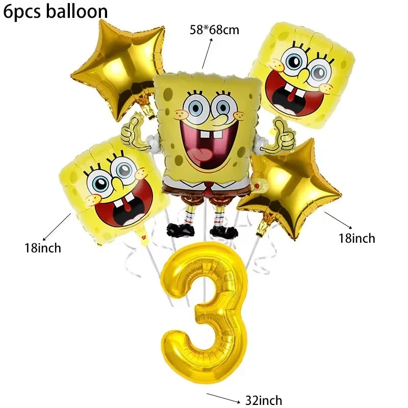 A set of six yellow and gold SpongeBob themed balloons, including a face balloon and star shapes.