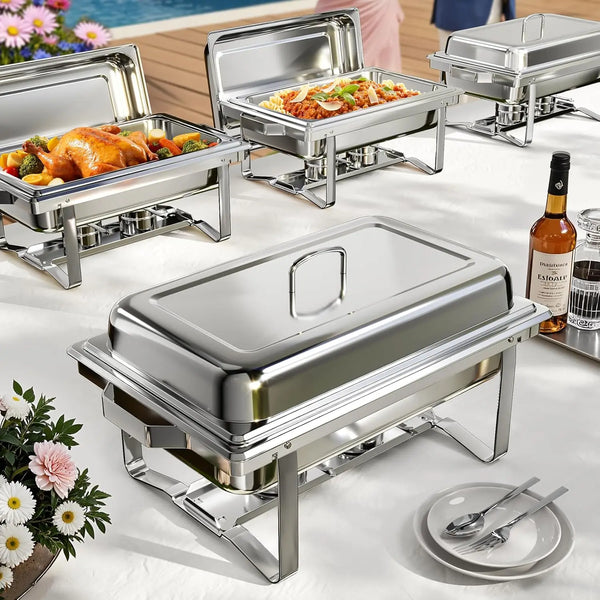 Stainless steel chafing dish buffet set with fuel holder displaying various food items.