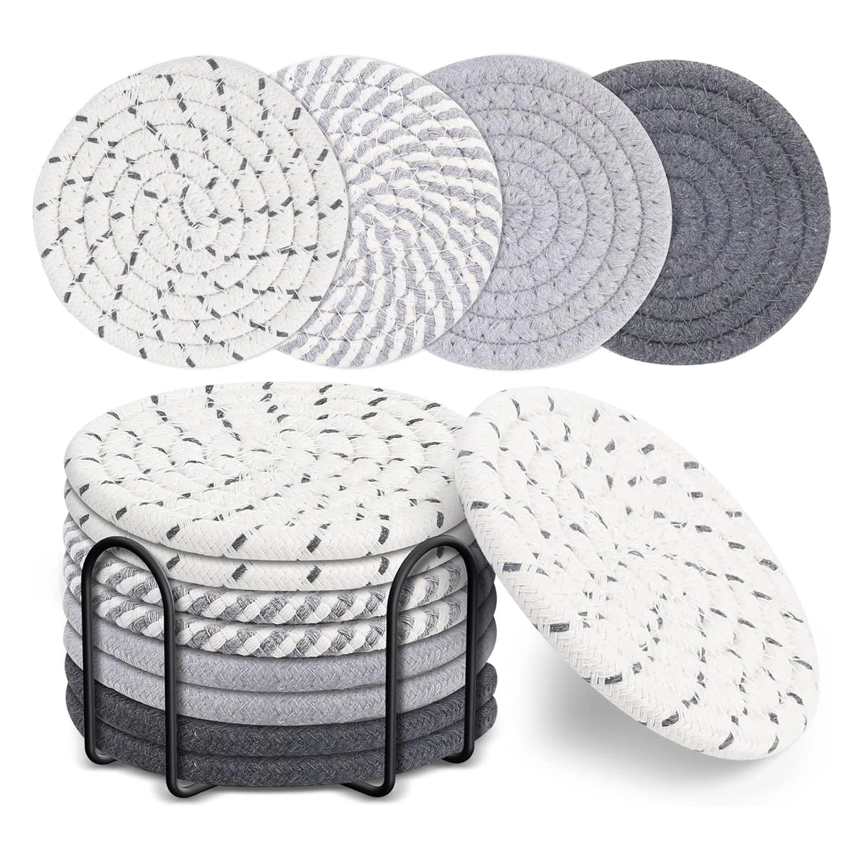 A set of eight round absorbent cotton drink coasters in various shades of gray and white.