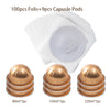 A set of 100 Folis and 9 capsule pods including 80ml, 150ml, and 230ml sizes of reusable stainless steel coffee pods