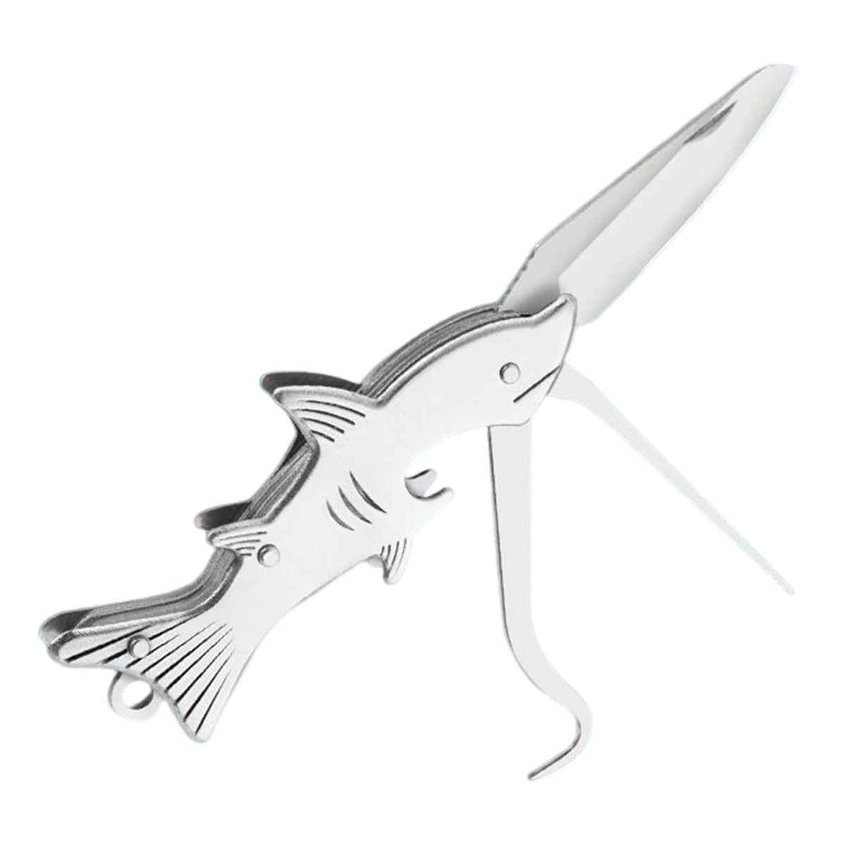 A silver stainless steel keychain tool shaped like a fish.