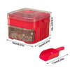 A red refrigerator ice maker with a clear lid and a separate pink pressing tool.