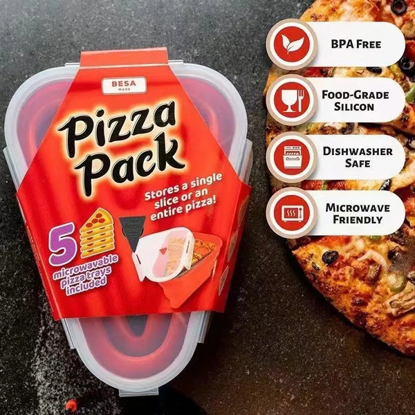A red package labeled Pizza Pack showing five microwaveable pizza trays included, with icons highlighting BPA free and food-g