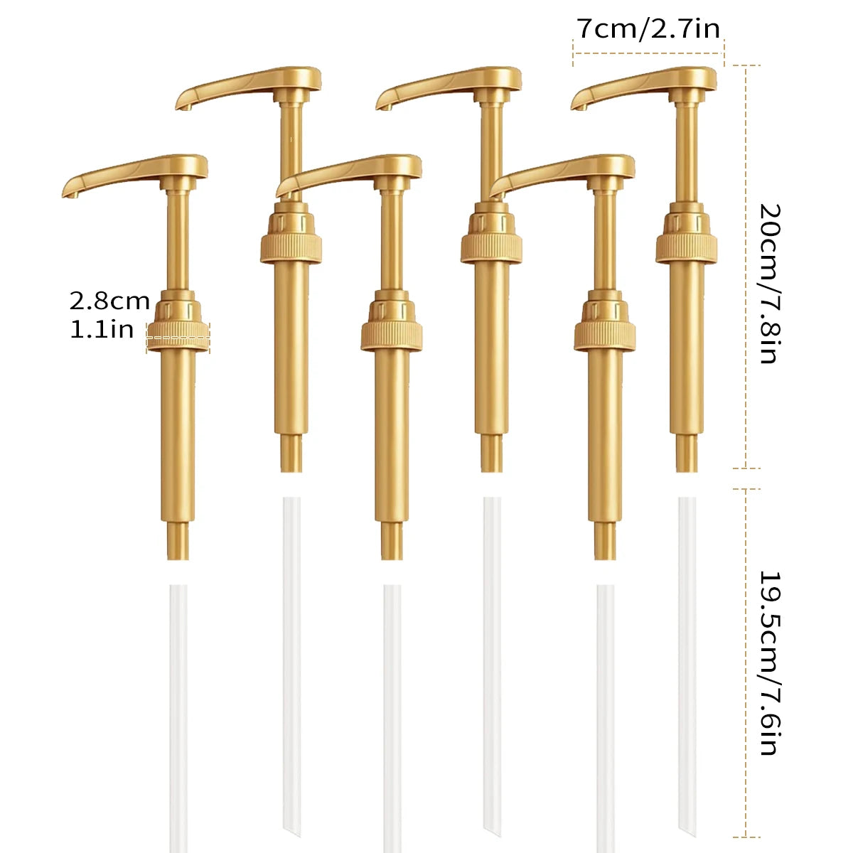 A set of five gold-colored precision syrup pump dispensers with various heights and clear plastic tubes.