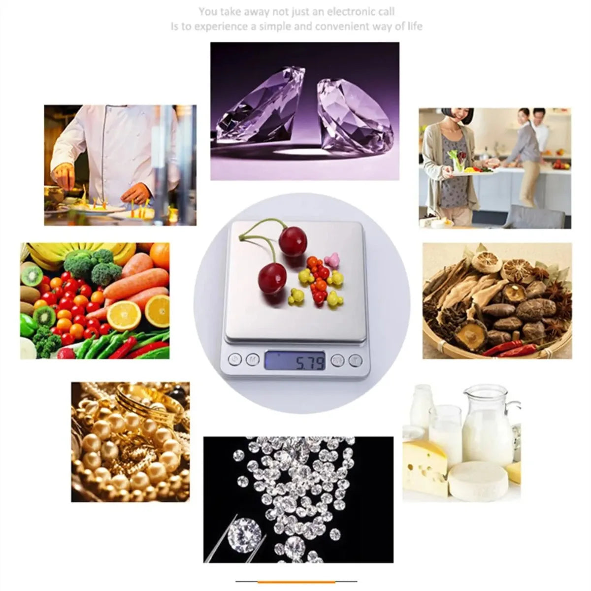 A collection of images showing a precision digital kitchen scale used for weighing various items like gemstones, fruits, and 