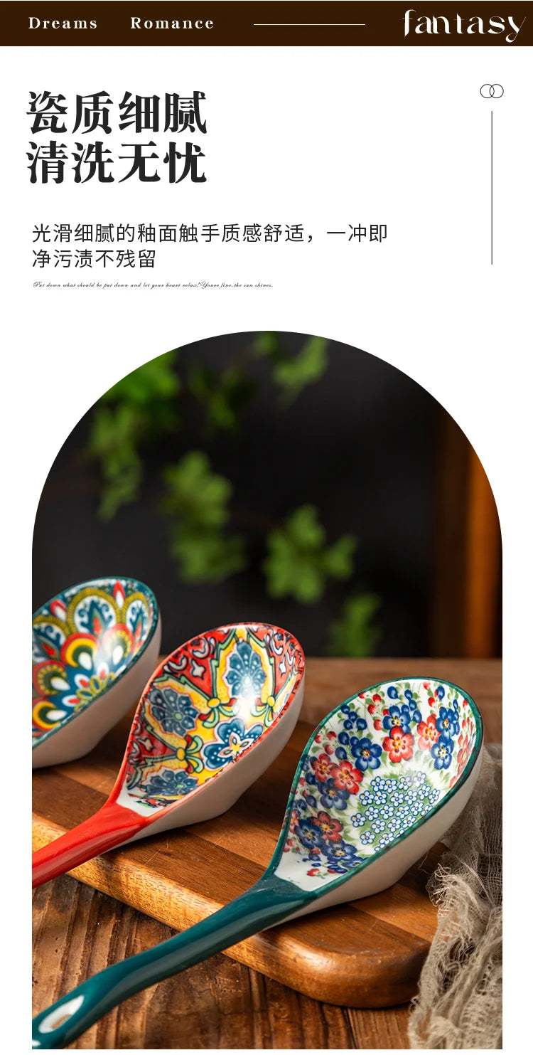 A set of colorful bohemian ceramic ladles resting on a wooden surface.