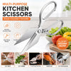 A pair of stainless steel kitchen scissors shown with various uses like cutting meat herbs bones and seafood