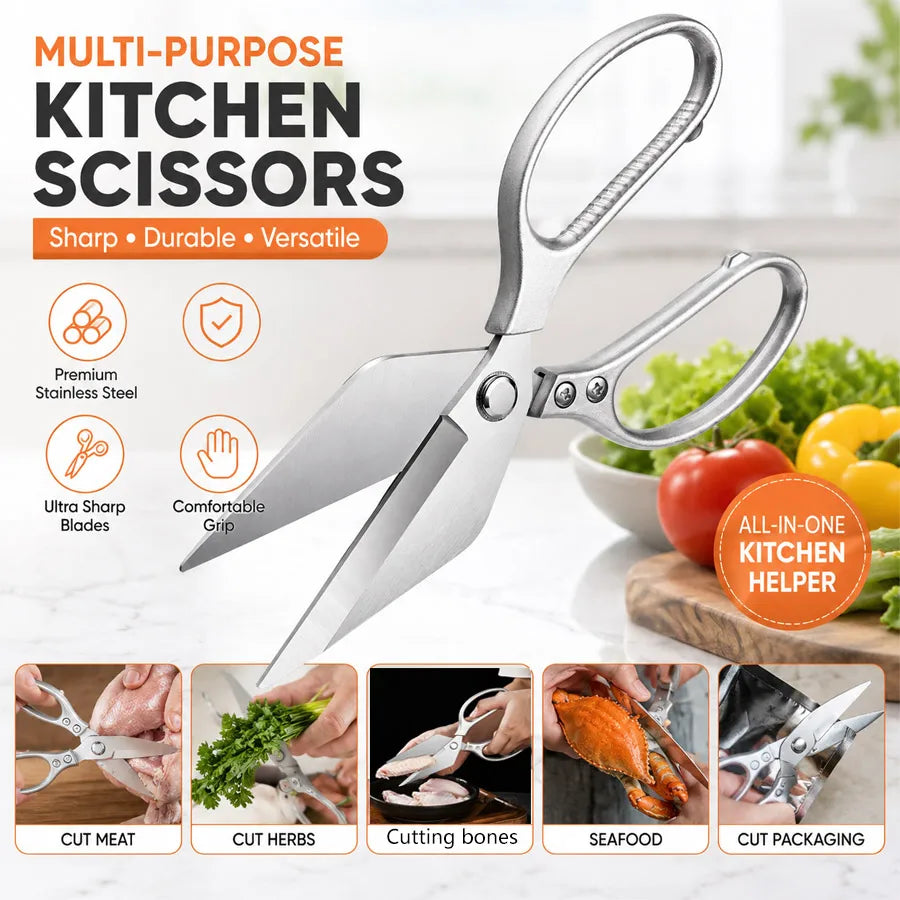 A pair of stainless steel kitchen scissors shown with various uses like cutting meat herbs bones and seafood