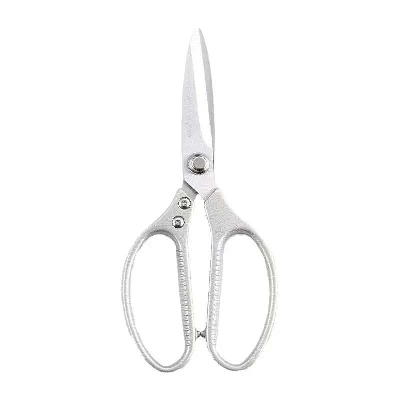 A pair of heavy-duty stainless steel multi-function kitchen scissors.