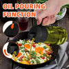 A hand is pouring olive oil from a glass bottle into a skillet, demonstrating the oil pouring function.