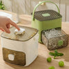 A hand is holding a white double-layer ice cube maker with a clear lid and a green storage container, next to several green l