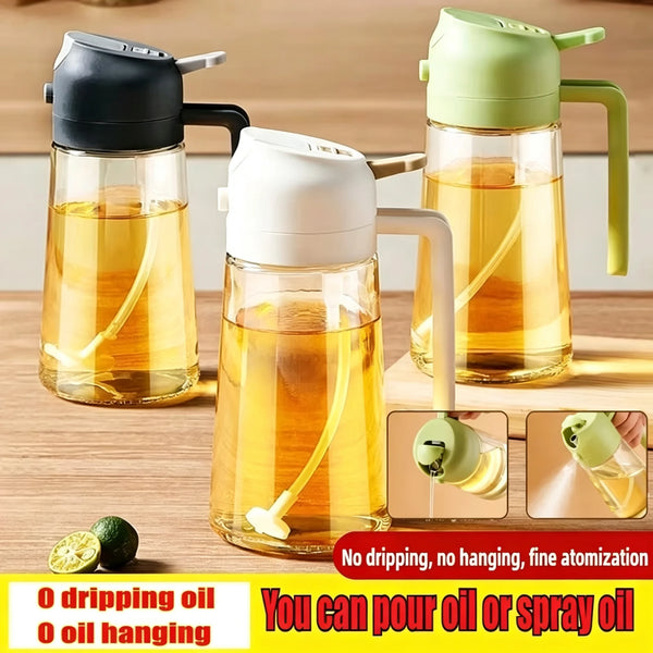 Drei Glas-Ölsprays in Schwarz, Weiß und Limettengrün auf einer Holzoberfläche.