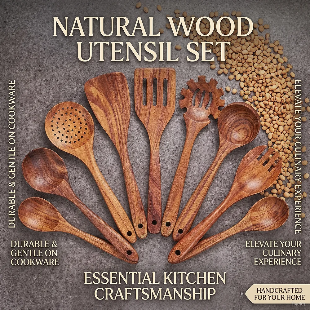 A set of ten natural wood utensils including spoons and forks for cooking and culinary experience.