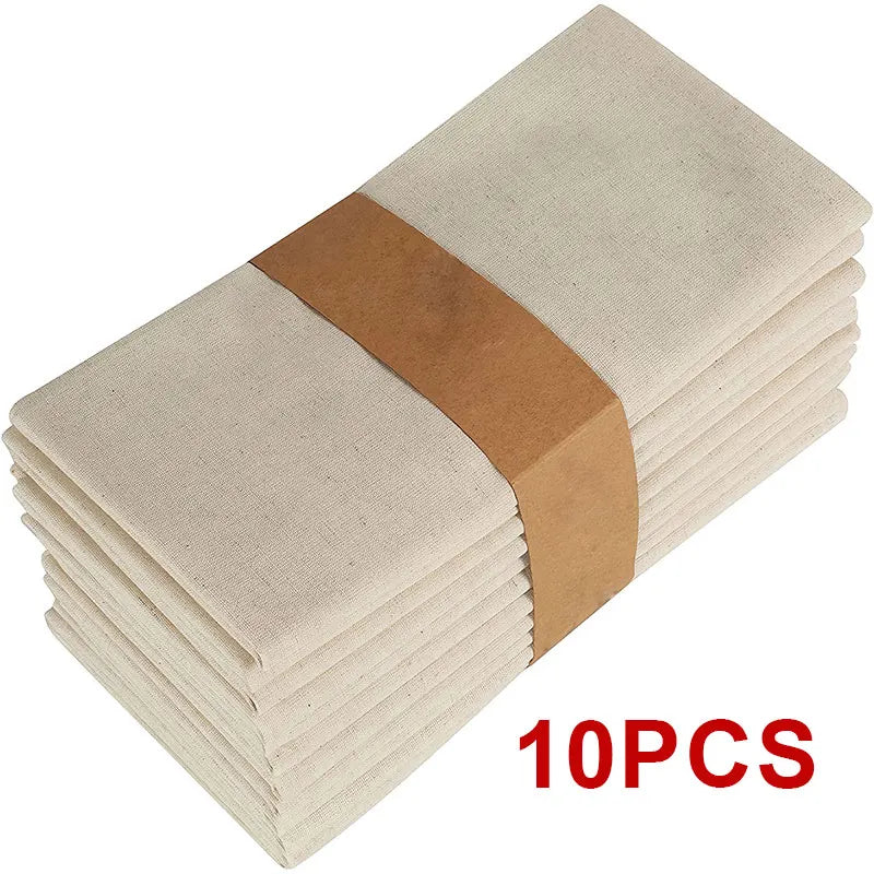 A stack of decorative table napkins in beige with a brown band, showing 10 pieces.
