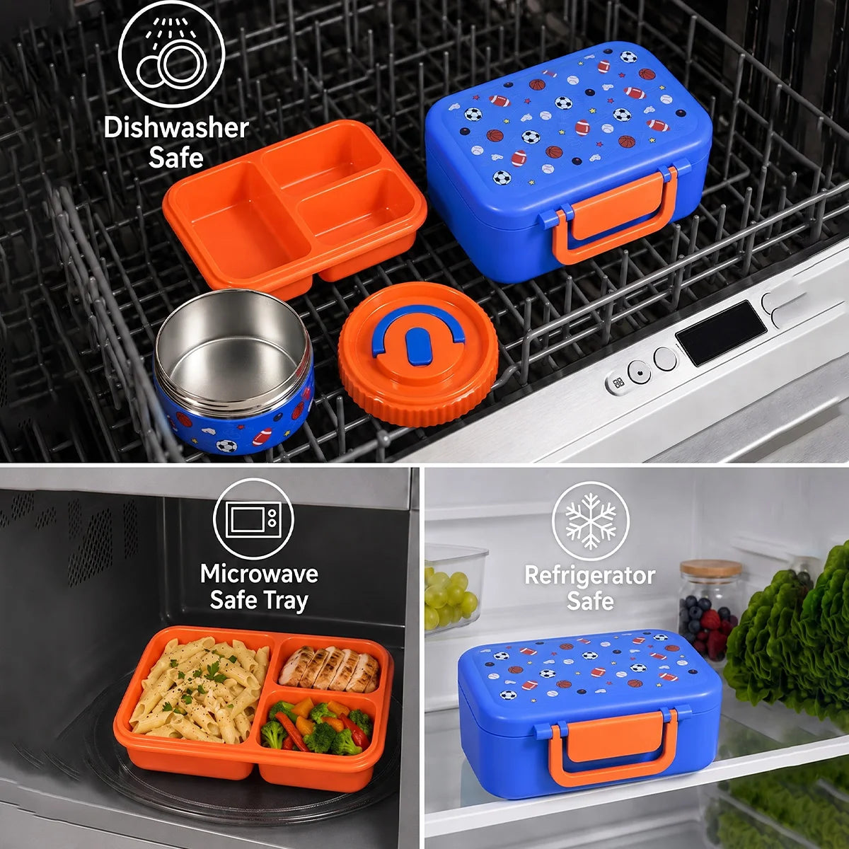 Une boîte à lunch bleue et orange avec un contenant en acier inoxydable, montrée dans divers contextes comme un lave-vaissell