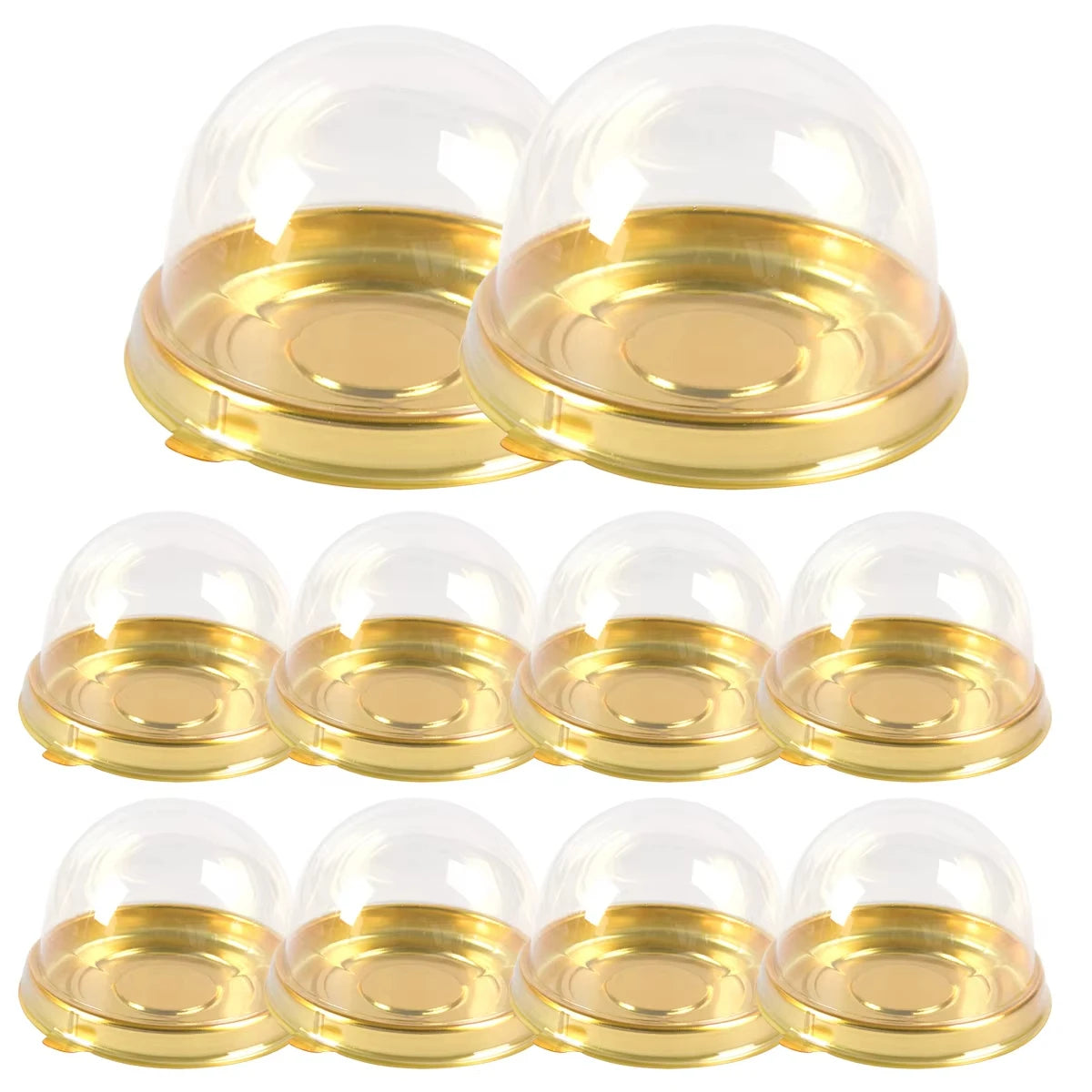 A set of mini transparent cake boxes with gold accents for pastries.