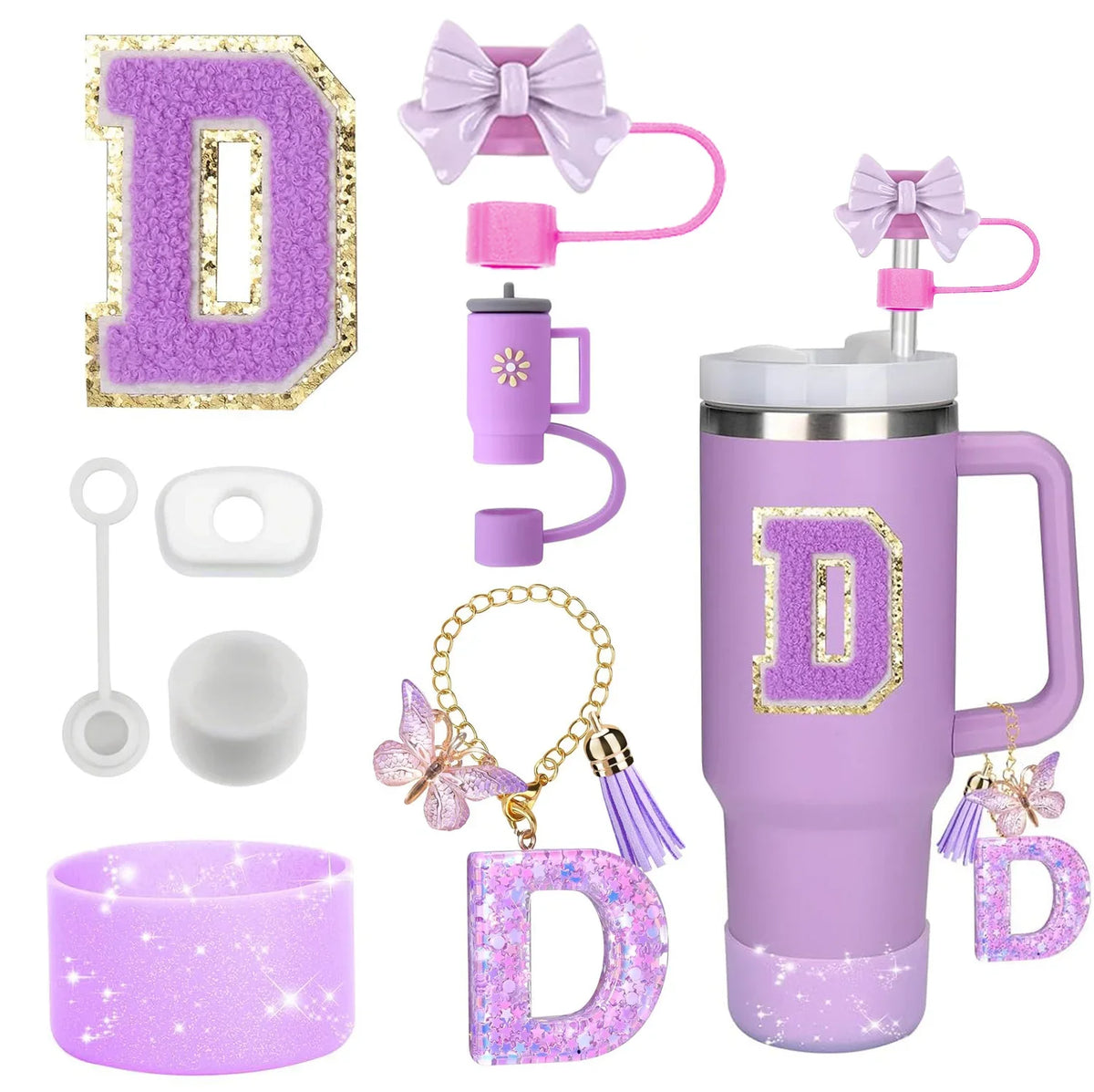 A set of purple glitter silicone straw toppers and accessories for tumblers, including a letter D and a butterfly charm.