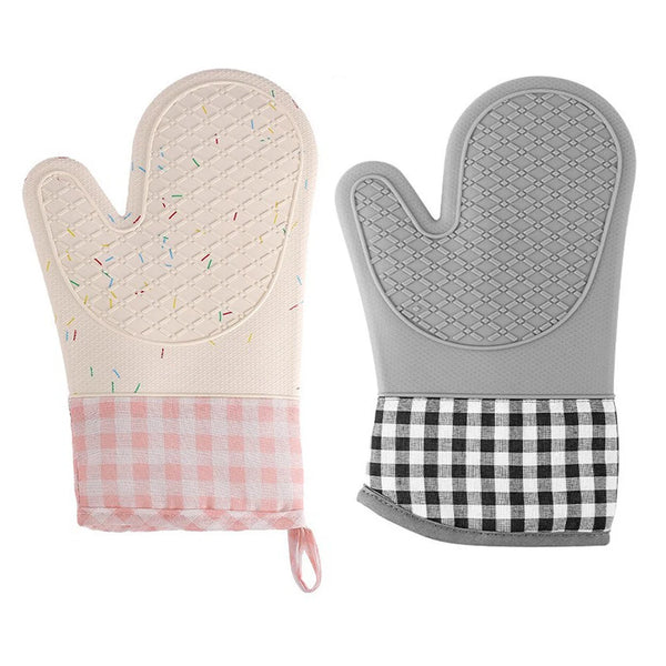 A pair of light pink and gray silicone oven mitts with quilted liners and checkered fabric accents.