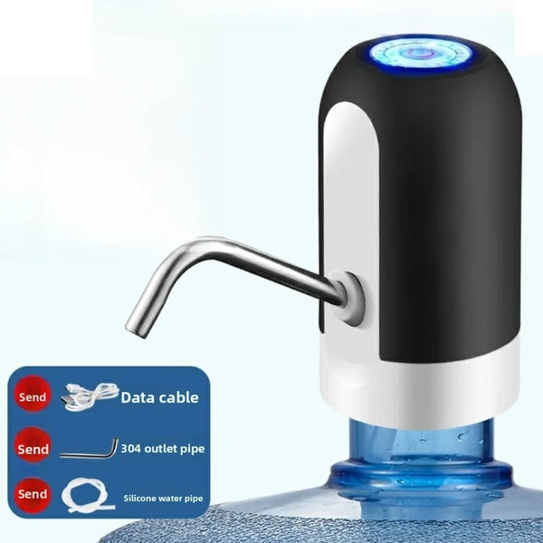 A black and white portable electric water dispenser pump with a metal spout and silicone water pipe.