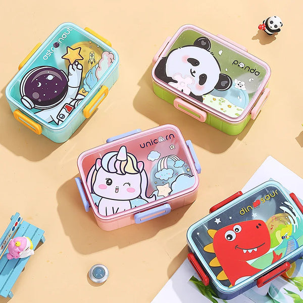 A collection of colorful kids bento lunch boxes featuring cute animal designs like pandas and unicorns.