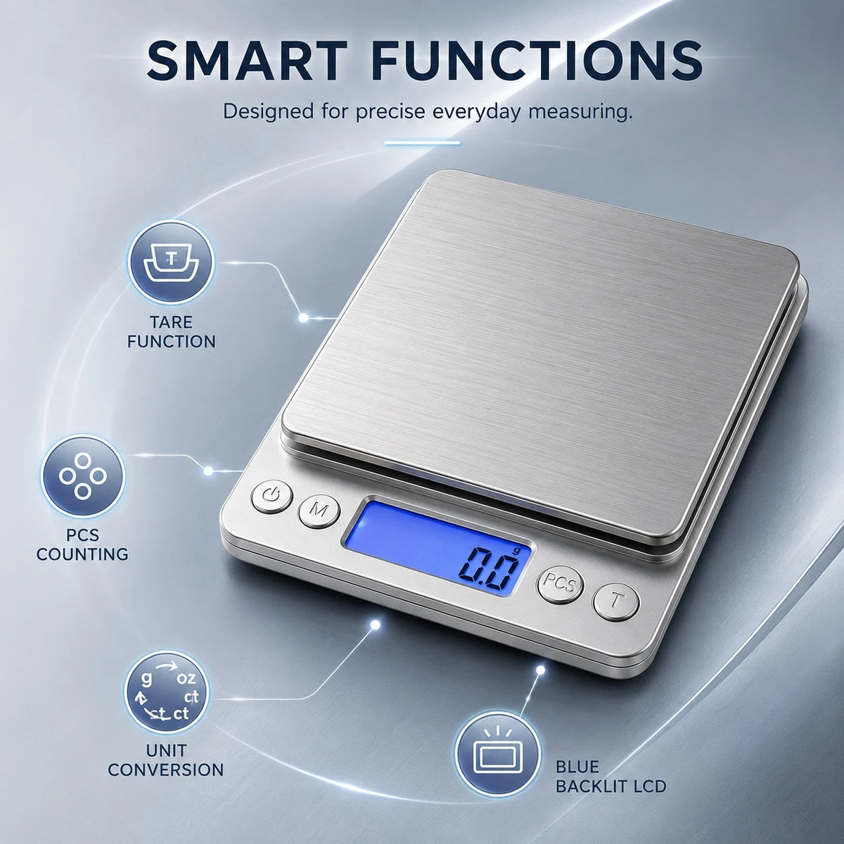 A silver digital kitchen scale displaying 0.0, featuring smart functions like tare, pcs counting, unit conversion, and blue b