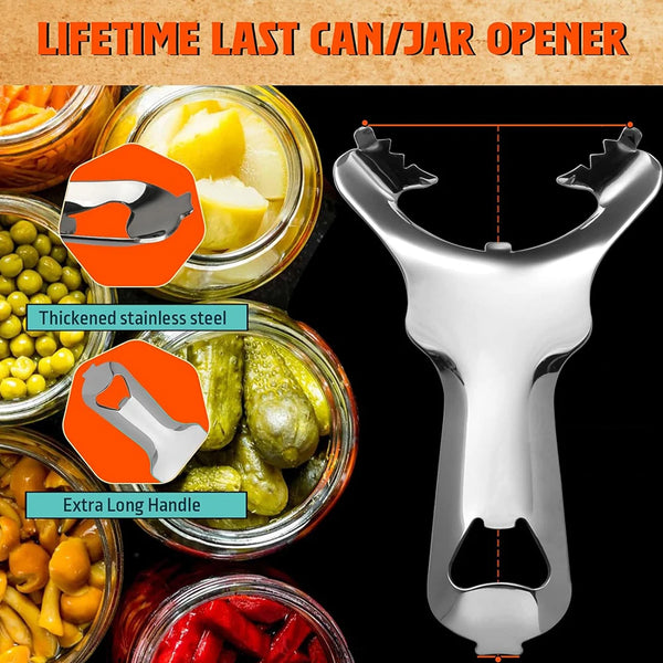 A silver stainless steel jar opener tool shown next to various canned and jarred food items.