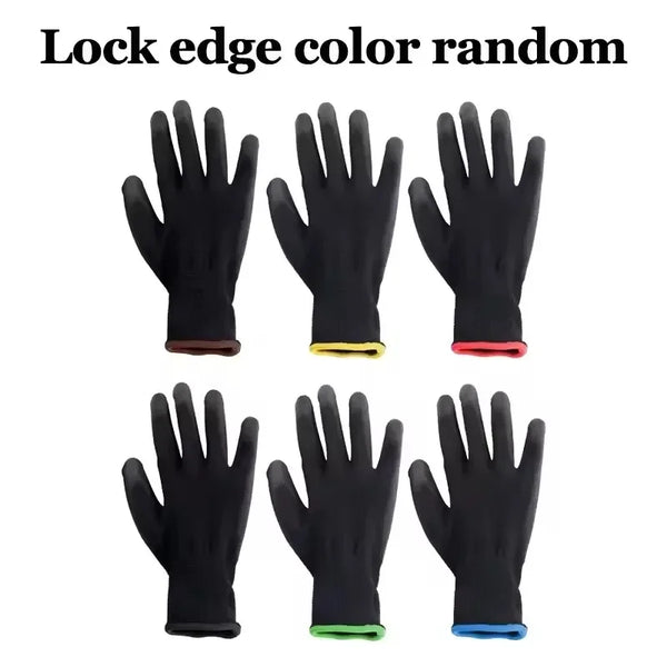 Ein Set schwarzer, strapazierfähiger rutschfester PU-Handschuhe in verschiedenen Farben und Winkeln.